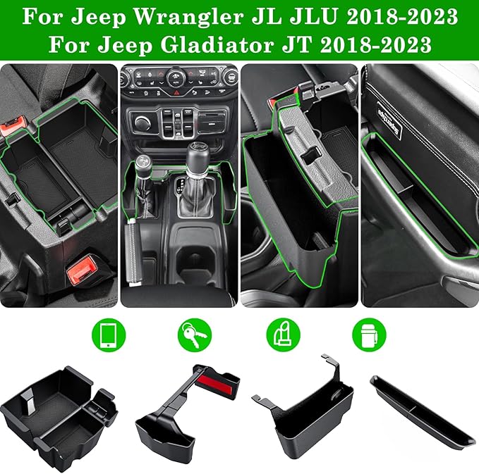 Eamplest 4PCS Center Console Organizer for 2018-2022 2023 Jeep Wrangler JL JLU and Gladiator JT Accessories Gear Shift Side Tray Organizer,Hanging Armrest Storage Box (Not for JK/JKU)