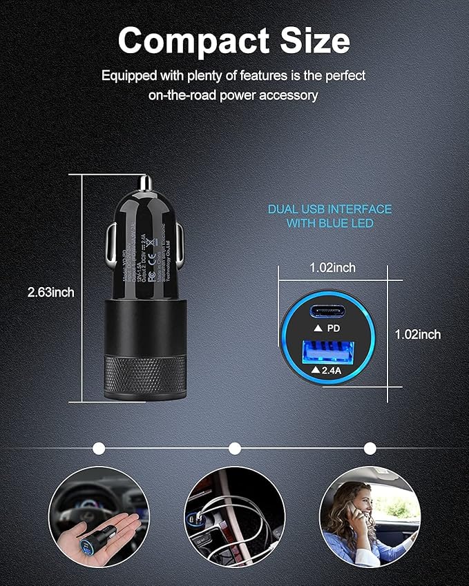 AILKIN 30W PD USB C Car Charger, USB Type C Fast Power Charging Block Dual Port USB A & USBC Plug Cargador Carro Lighter Adapter for iPhone, iPad, Samsung Galaxy, LG, Google Pixel, Moto, USB-C Port