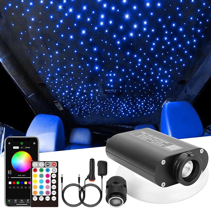 CHINLY 16W 260pcs 0.03in 6.5ft Car Use Bluetooth RGBW LED Fiber Optic Light Starlight Headliner Light Kit APP&Remote Music Mode Optical Fiber +Adapter+Cigarette Lighter for Car/Ceiling