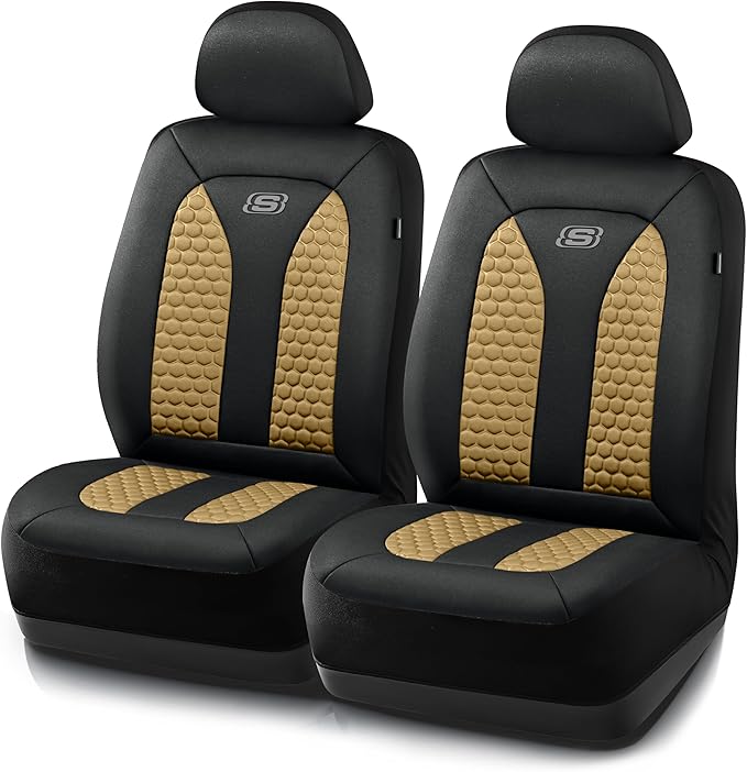 Skechers Memory Foam™ Car Seat Covers, Hexcomb Breathable Thick Seat Covers Two Front Seat Covers, Airbag Compatible, Automotive Comfort & Protection for Most Cars,Van,Trucks, SUVs (Beige,Two Front)