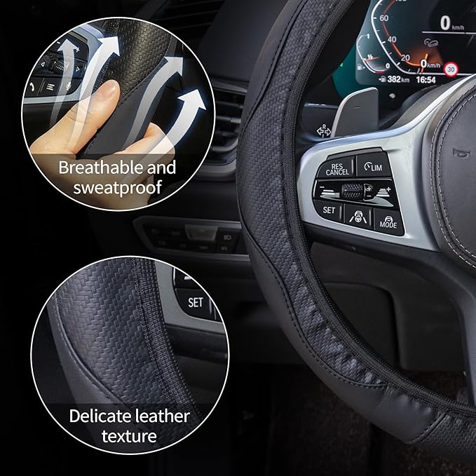 Amiss Car Steering Wheel Cover, 14.5"-15" Comfortable Anti-Slip Safety Protection Design, Microfiber PU Leather Steering Wheel Cover, Universal Fit for 95% Cars, Car Interior Accessories (Black)
