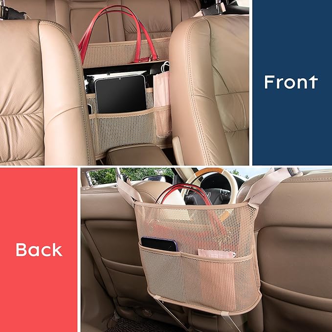 eing Car Net Pocket Handbag Holder Between Seats Back Storage Organizer 3 - Layers Purse Holder for Console Front Seat Storage Barrier, Beige