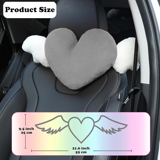 2 Pack Heart Shaped Cute Car Headrest Pillow with Angel Wings - Comfortable Soft Head Rest Cushion Kawaii Car Accessories Neck Pillow for Driving Travelling Office Home Decor - Grey Love Heart