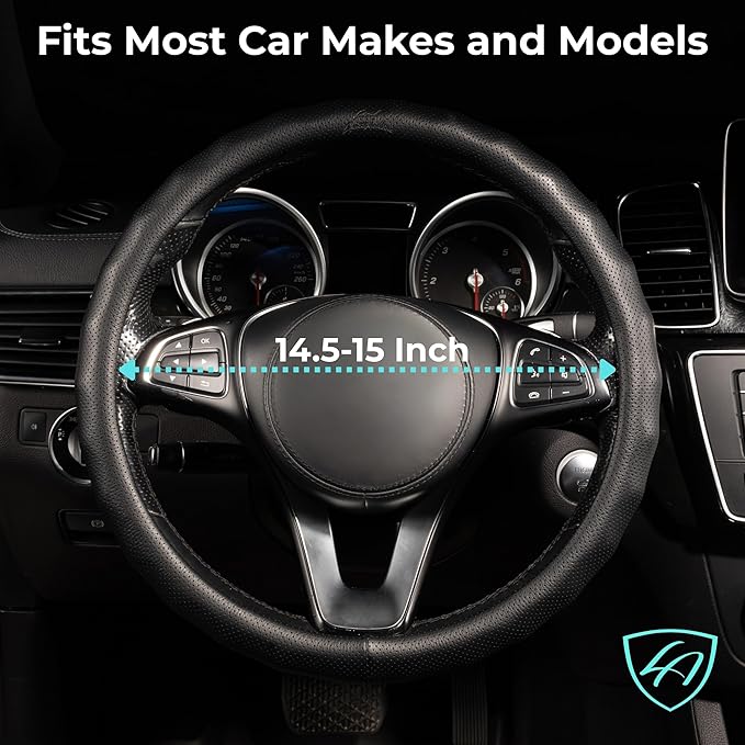 Lord Autofashion Steering Wheel Cover – PU Leather, Non-Slip Rubber Inner, All-Season Comfort – 14.5–15 Inch (Black 8571)