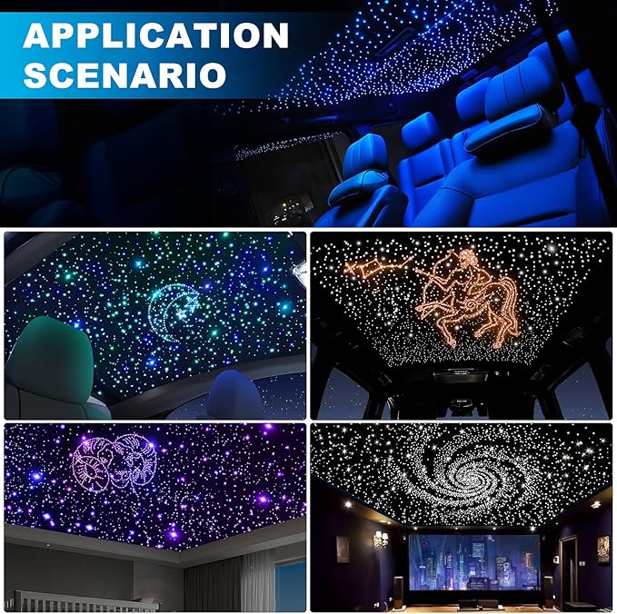 4 Colors 32W Twinkle Car Starlight Headliner Kit 1200pcs*0.03in*13.1ft with APP&RF Remote, RGBW Fiber Optic Ceiling Star Lights, 4 Port Engine Sound Activated Star Roof Lights for Car Home Theater