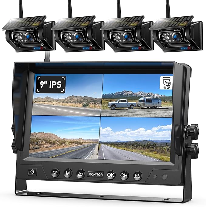 ZEROXCLUB 4 Magnetic Solar Wireless Backup Camera HD1080P 9" Loop Recording Monitor, Quad RV Rearview Backup Cameras Wireless System for Trailer RV Trucks, Built-in 9600mAh Solar Battery, BL904