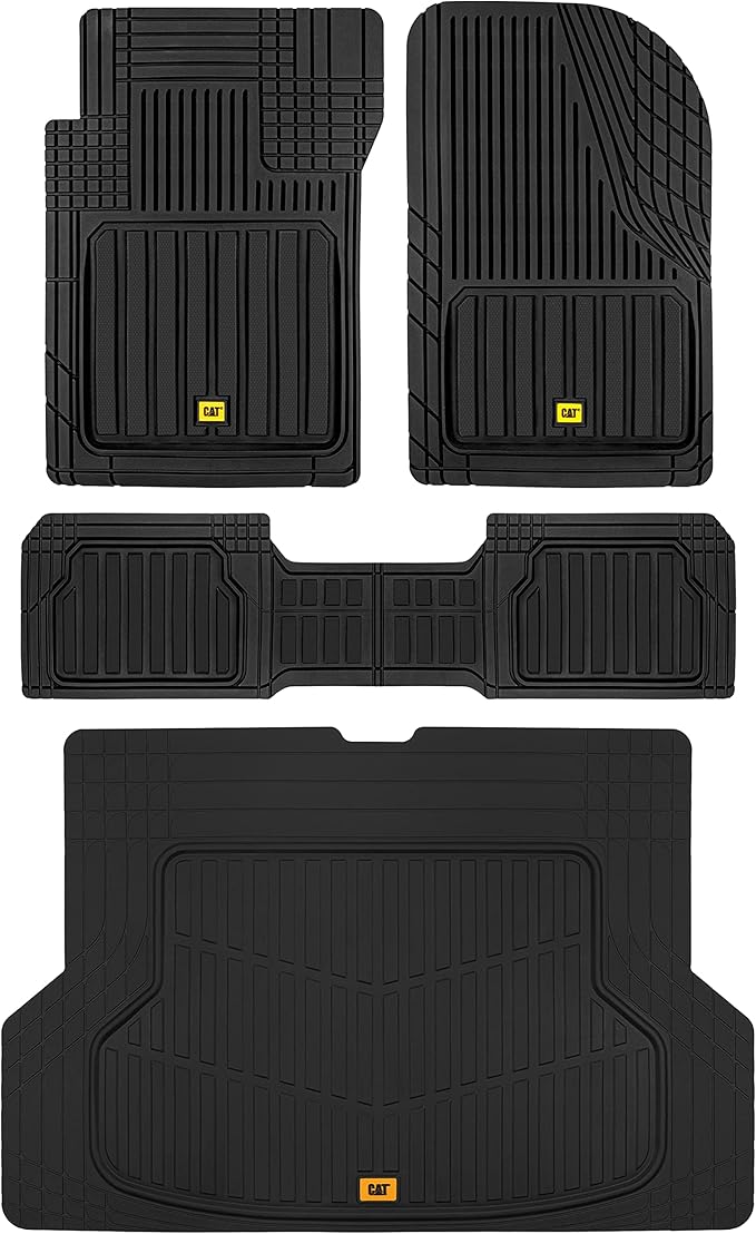 CAT® Car Mats Full Set - Automotive Floor Mats & Cargo Liners & SUV Floor Mats - Car Floor Mats All Weather Trim-to-Fit Rubber Universal Car Mats & Trunk Cargo Liners Black Floor Mats for Mini-Van