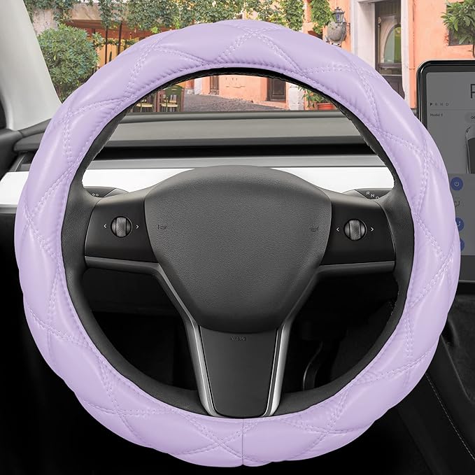 Purple Stitched Leather Steering Wheel Cover for Women, Standard 15 Inch Size Fits Most Vehicles, Cute Faux Car Steering Cover with Diamond Double-Stitch Detail, Car Accessories for Women