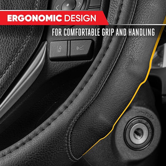 Motor Trend GripDrive Faux Black Leather Steering Wheel Cover for Car Truck Van SUV, Small 14 inch Size, Solid Black Stitched Car Steering Wheel Cover Vehicle & Auto Accessories