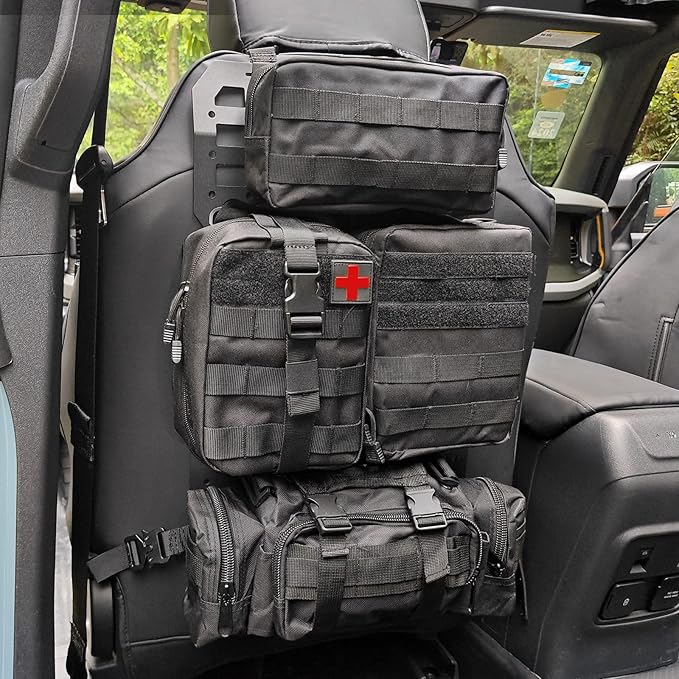 MAIKER 2pcs Tactical Seat Back Molle Panel Compatible with 2021-2026 Ford Bronco, Tactical Rigid Molle Aluminum Insert Panel with 4 Storage Bags and 10 Fastening Tape