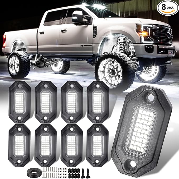 8Pods Metal Bright Pure White LED Rock Lights Kit,Per pod provided 15FT Power Cord,6500K 36LEDs Neon Underglow Light Aluminum Waterproof Fender Lights for Trucks Trailer Jeep Off Road ATV UTV
