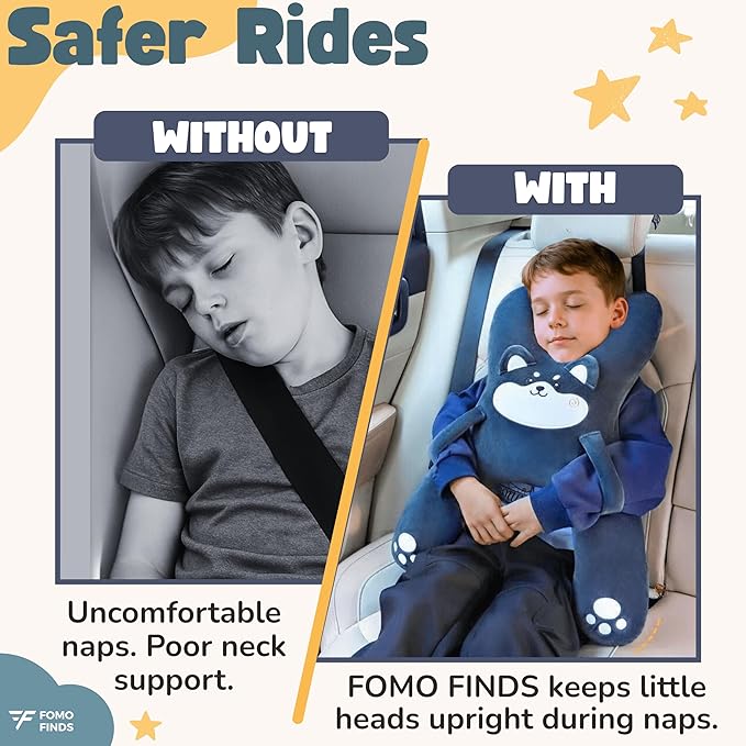 Kids Car Sleeping Pillow - X-Shaped Plush Animal for Neck & Back Support - Hands & Seat Belt Slot - Machine Washable & Compressible - Perfect for Car, Plane, Train, Boat & More - Grey