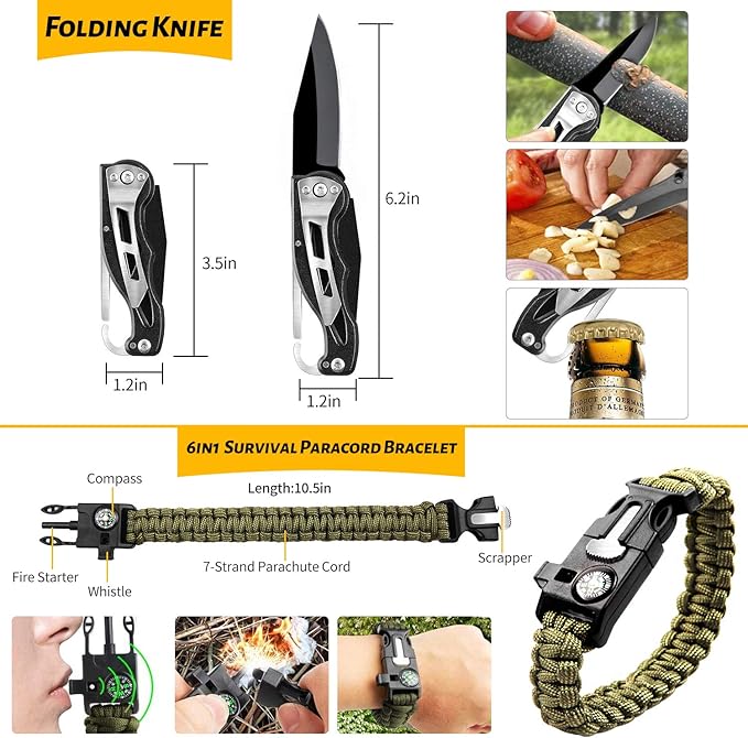 ANTARCTICA Emergency Survival Gear Kits 60 in 1, Outdoor Survival Tool with Emergency Bracelet Whistle Flashlight Pliers Pen Wire Saw for Camping, Hiking, Climbing,Car