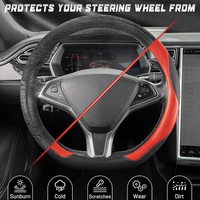 SEG Direct D Shaped Steering Wheel Cover, Flat Bottom Car Wheel Cover 14 1/2-15 in. (37-39 cm), Black and Red Microfiber Leather