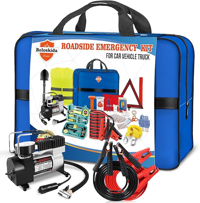 Emergency Car Kit,Roadside Emergency Tool Kit for Vehicle Truck with Air Compressor Jumper Cable First Aid Kit,Winter Auto Road Side Kit Women Men Car Travel Safety Assistance Survival Essentials Kit