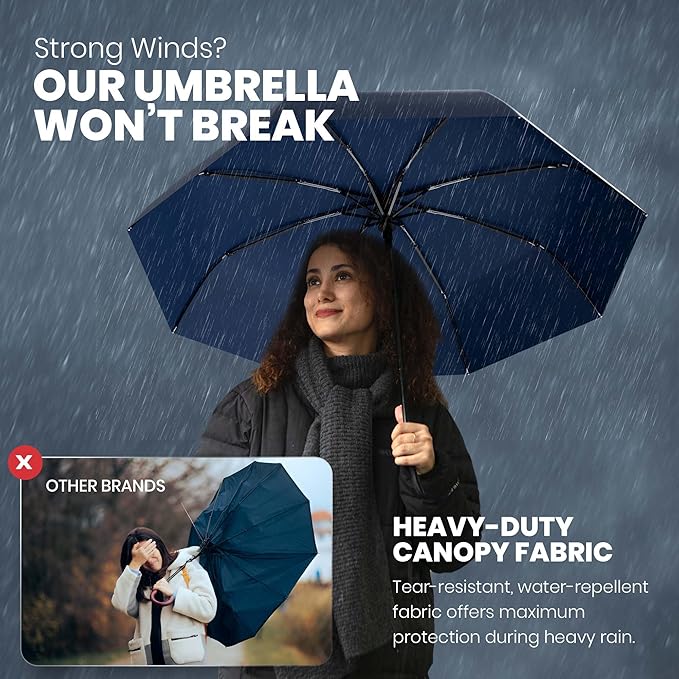 Rain-Mate Windproof Compact Umbrellas for Rain - Strong Reinforced Fiberglass Rib Design & Auto Open & Close - Portable Folding Travel Umbrella - Lightweight & Packable for Women & Men, Easy Collapse