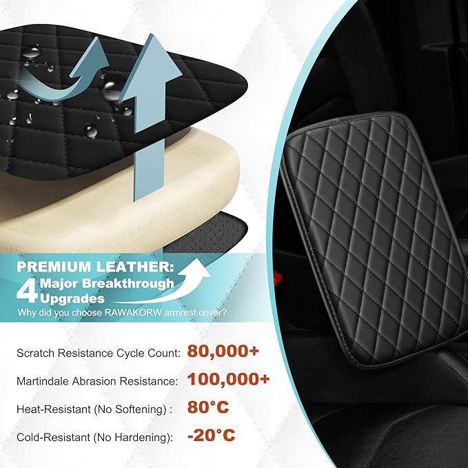 Center Console Cover Fit for Kia Forte 2010-2024 with 2 Storage Bags Waterproof Leather Quilted Pattern Car Armrest Cover Cushion Anti - Slip(Black)