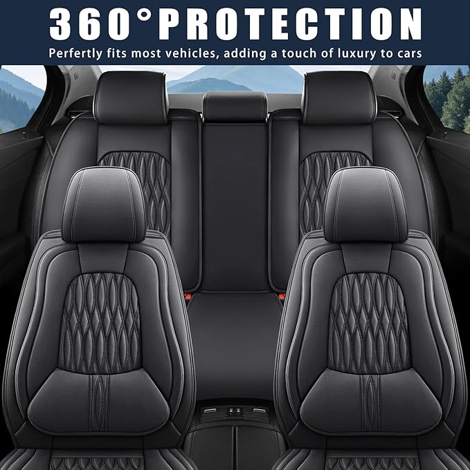 WELLDO Car Seat Covers Full Set, Leather Seat Covers for Car, Waterproof Car Seat Protector with Lumbar Support, Automotive Seat Covers Universal Fit for Most Cars SUV Truck(Black-w02)