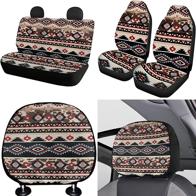 FKELYI Brown Aztec Car Interior Accessory Set - Seat & Headrest Covers, Gear Shift & Handbrake Knobs, Steering Wheel Cover, Cup Coasters