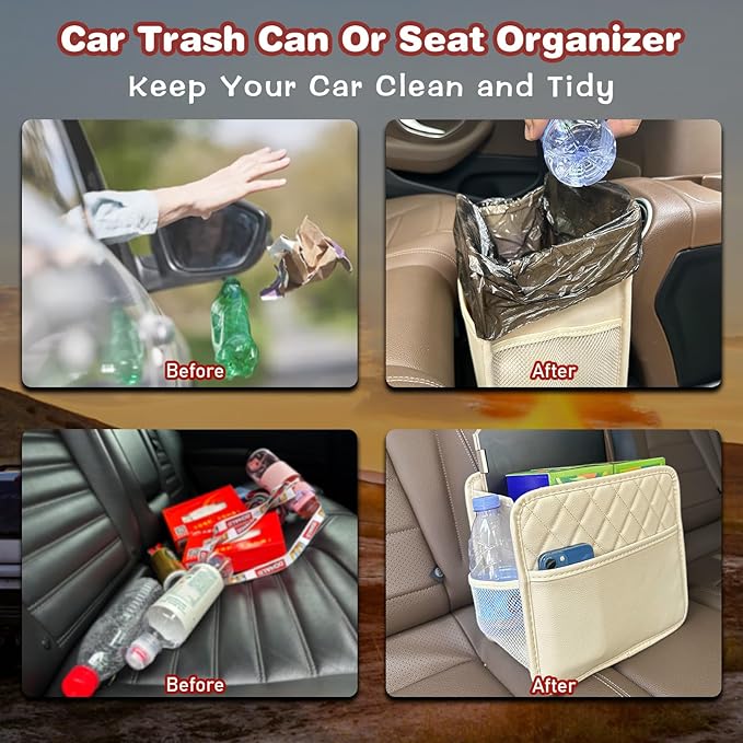 Witaxima 2 Pack Upgraded Car Seat Organizer Backseat with Storage Pockets, Multipurpose Car Organizer Hanging Car Trash Bag Premium PU Leather Garbage Can 2.14 Gallon Large Capacity Accessories Beige