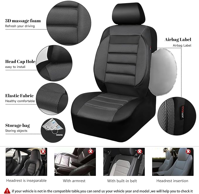 CAR PASS Leather 3D Foam Back Support Car Seat Covers Full Set Air Mesh Automotive Seat Covers, All Season Car Seat Cover Fit Automotive,SUV,Sedan,Van, Airbag Compatible Elegance (Black Charcoal Gray)