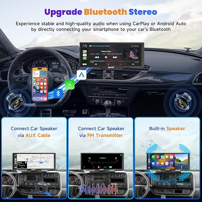 860 Portable CarPlay Screen with 4K Dash Cam Front and Rear- 9.3" Wireless Apple CarPlay ＆Android Auto Car Stereo, Bluetooth, GPS Navigation Head Unit,Car Stereo Receivers,1080p Backup Camera