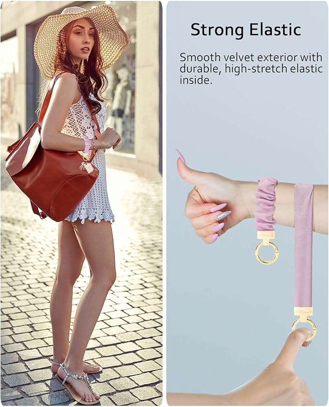 WEESMILE Keychain Wristlet, Stretchy Key Chain for Car Keys with D ring, Cute Scrunchie Wrist Bracelet for Women Men