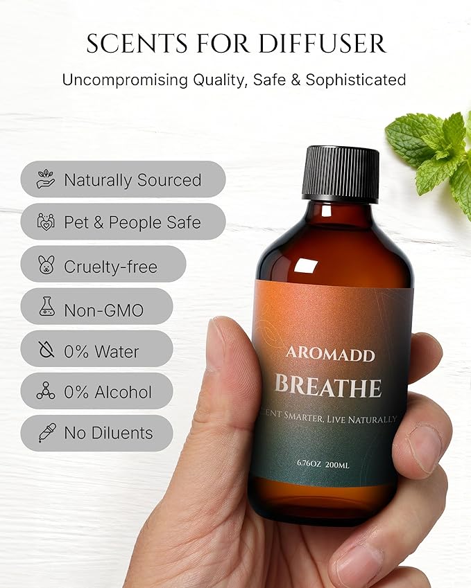 AROMADD Breathe Diffuser Oil 6.76 Fl Oz (200ml), Light Aroma Diffuser & Hotel Fragrance Diffuser Oil, Essential Oil Ideal for Anyone Who Loves a Fresh Scent Without Heavy Fragrance