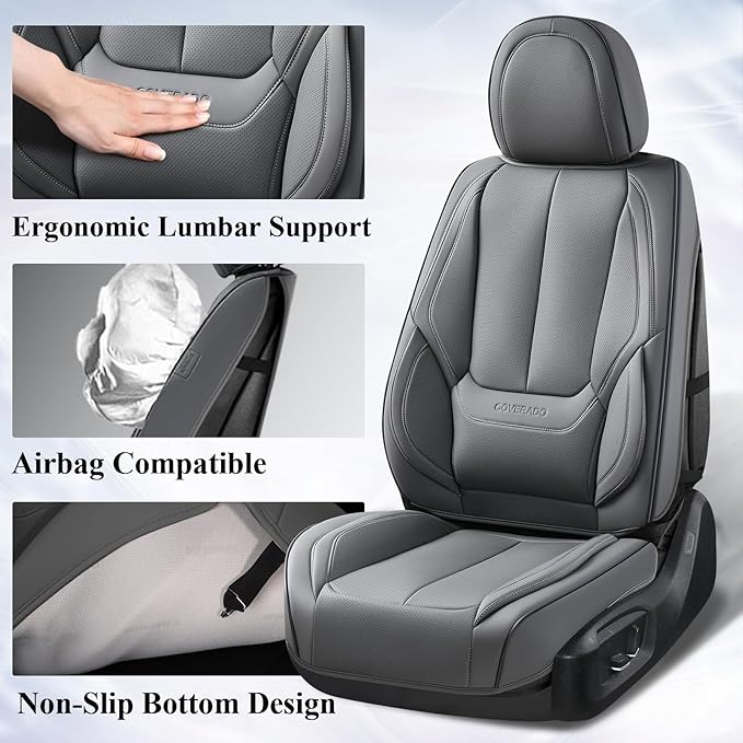 Coverado Front Seat Covers, Waterproof Nappa Leather Car Seat Cover, Sideless Car Seat Covers Front Seats, Driver Seat Cover, Car Seat Protector Universal Fit for Most Sedans SUV Truck, Grey