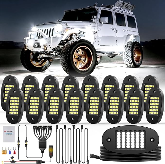 Hovano 16 Pods White Rock Light Kit with Wired Switch - 6500K Pure White LED Underglow, IP68 Waterproof, Super Bright 36 LEDs for Trailer Off Road SUV UTV ATV RZR Car