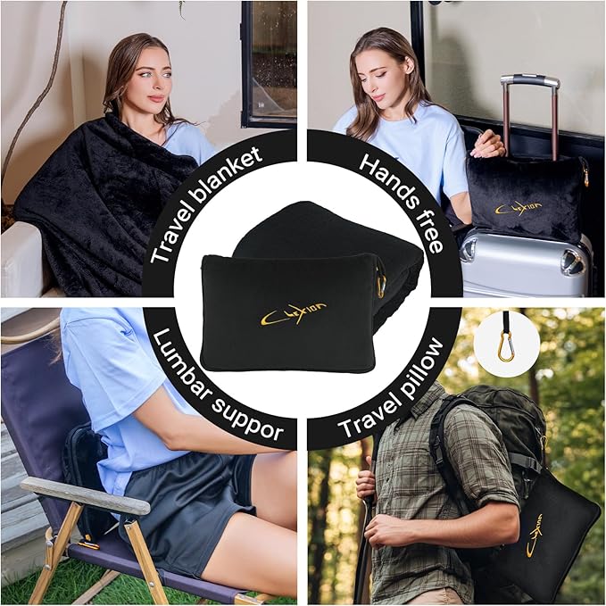 Airplane Travel Blanket with Pillow,300 GSM Soft Fleece Compact Blanket with Carry Bag,Lightweight Travel Blanket for Flights,Black