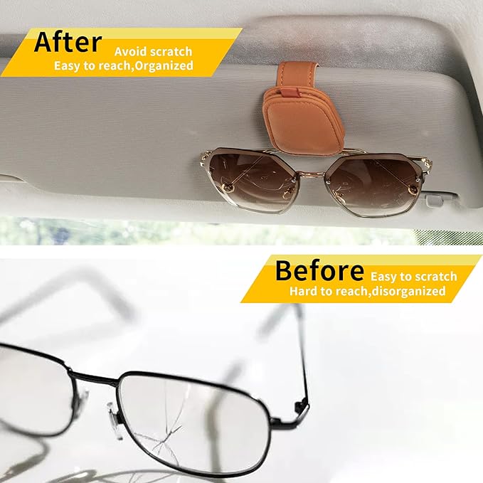Yuoyar Sunglass Holder for Car, Magnetic Leather Sunglasses Holder and Ticket Card Clip, Car Visor Accessories, 2 Packs (Orange)