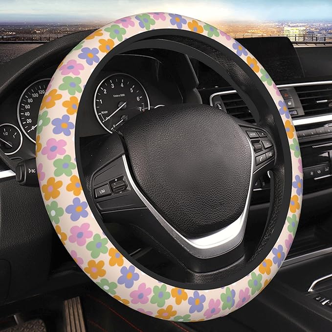 Flowers Floral Steering Wheel Cover Cute Universal 15 Inch Car Accessories Protector for Women Fit Auto SUV Sedan Vans Trucks