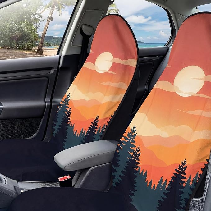 2 Pack Car Seat Towel Covers, Sweat Protector for Front Seats, Premium Thickened Microfiber with Great Smoky Mountains, Breathable & Quick Dry, Slip-on Headrest Pocket for Gym Running Universal Fit