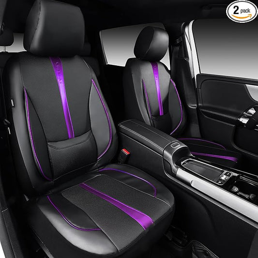 CAR PASS Nappa Leather Car Seat Covers, Water Resistant 3D Foam Faux Leather Seat Covers, Lumbar Support Automotive Seat Covers 2 Front Seats, Comfort & Universal Fit for Cars SUV Truck, Black Purple