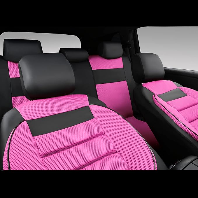 CAR Pass Leather 3D Foam Back Support Car Seat Covers Full Set Air Mesh Automotive Seat Covers, All Season Car Seat Cover Fit Automotive,SUV,Sedan,Van, Airbag Compatible Elegance (Black and Pink)