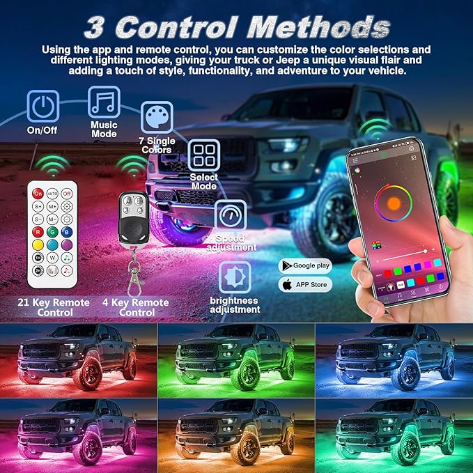 8Pods RGB LED Rock Lights for Jeep Golf Cart ATV UTV Trucks Offroad RZR SXS Four Wheeler with APP/RF Remote Control, Multicolor Dynamic Color Changing Underglow Kits Music Mode 12V Waterproof Chasing