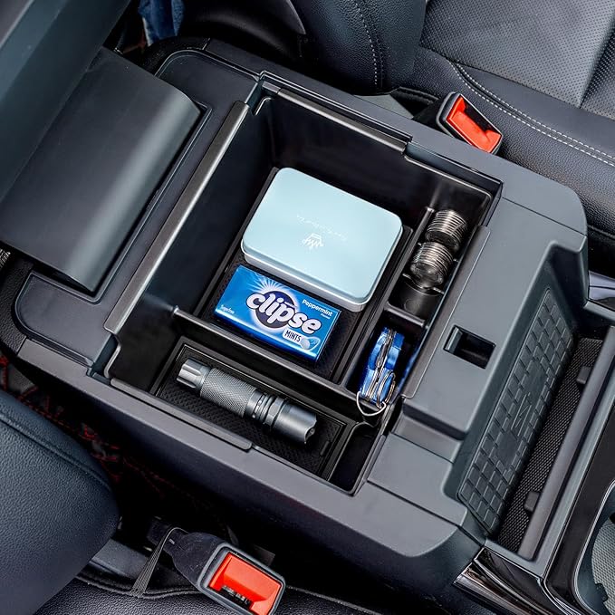 TOPINSTALL Black Center Console Organizer Tray Compatible with 2020-2025 2026 Ford Explorer Accessories, Deep Armrest Storage Box with Coin Holder & Non-Slip Mats, 6th Gen Explorer Accessories