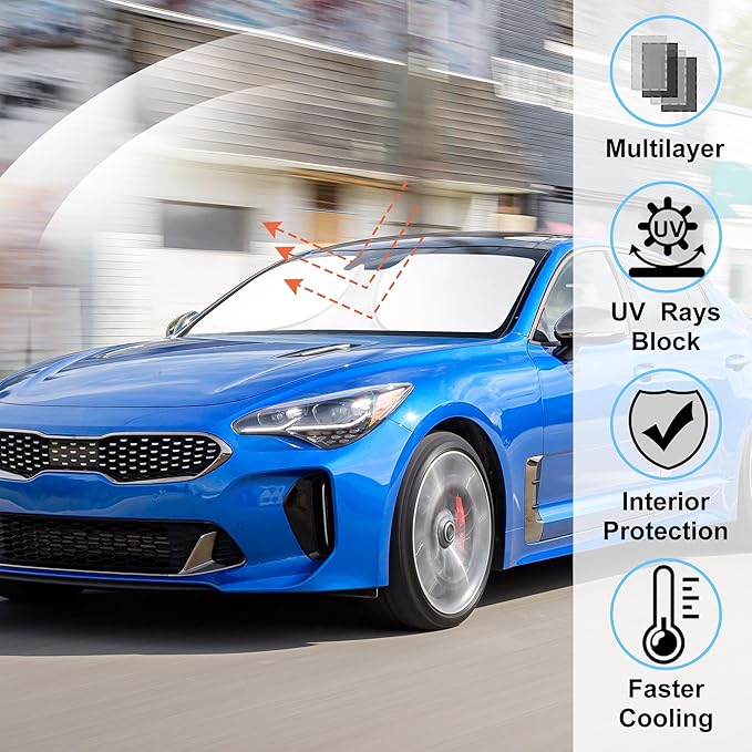 Windshield Sun Shade Custom Fit for 2018-2023 Kia Stinger Accessories Foldable Sunshade Sun Blocker Protect Car from Sun Rays & Heat Damage Keep Car Cooler