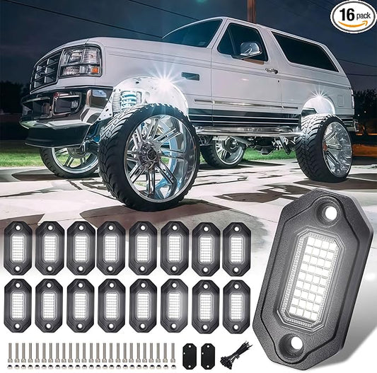 16 Pods Metal Bright Pure White LED Rock Lights Kit,Per pod provided 15FT Power Cord,6500K 36LEDs Neon Underglow Light Aluminum Waterproof Fender Lights for Trucks Trailer Jeep Off Road ATV UTV