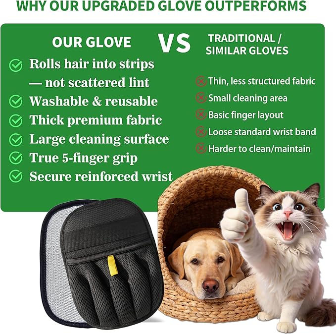 Pet Hair Removal Glove for Dogs & Cats- Upgraded 10mm Thickened Electrostatic Magic Brush- Pet Hair Remover Glove for Couch, Furniture, Clothes, Car & Carpet, Reusable Pet Hair Removal Tool