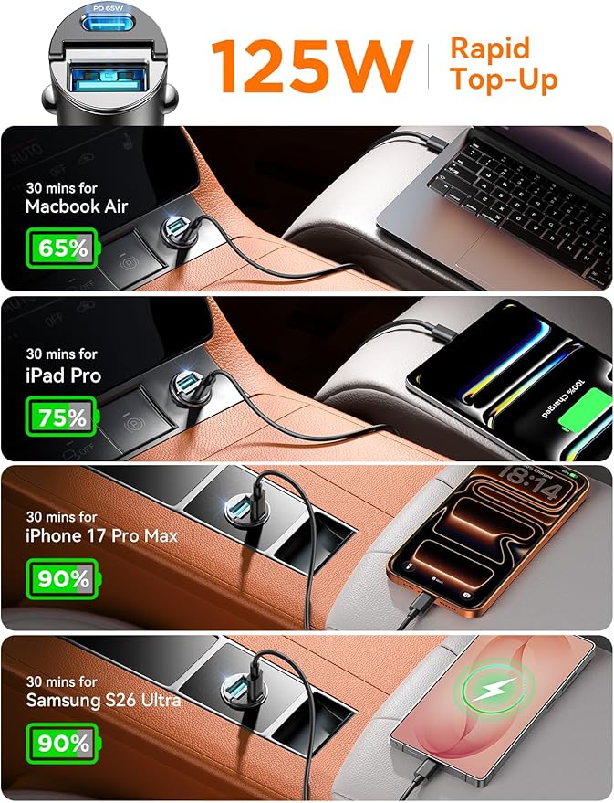 JOYROOM 2-Pack 125W USB C Car Charger [Mini, Flush Fit w/Pull Ring] Dual-Port Car Cigarette Lighter Adapter, Super Fast Car Charger for iPhone 17/16 Pro Max, Galaxy S26/25, MacBook Air, iPad and More
