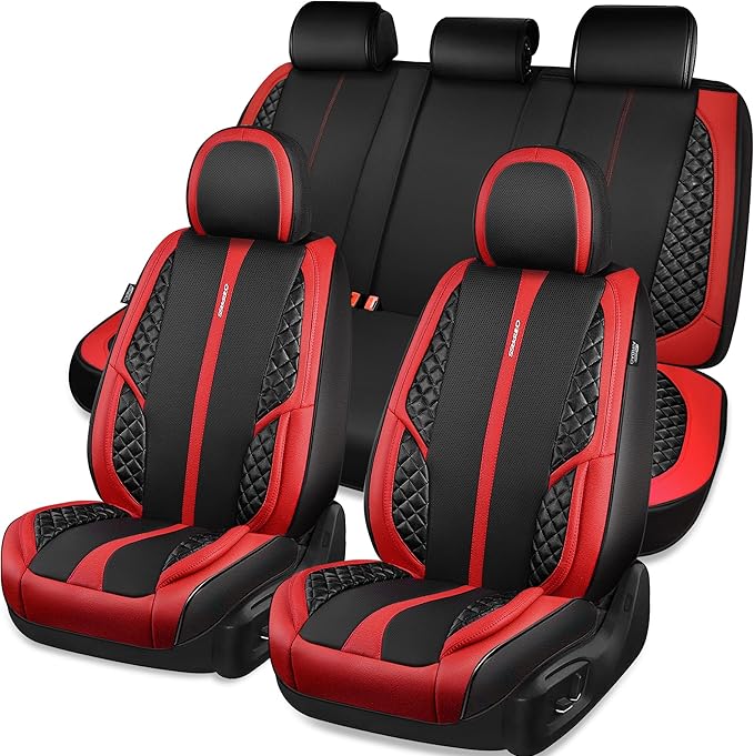 CAR PASS Nappa Leather Car Seat Covers Full Set Waterproof Protector Durable Cushioned,Universal Fit for Sedan SUV Pick-up Truck,Automotive, Anti-Slip and Backseat Luxury Premium(Black and Red)
