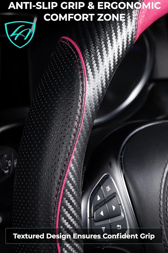 Lord Autofashion Steering Wheel Cover – PU Leather, Non-Slip Rubber Inner, All-Season Comfort – 14.5–15 Inch (Black/Pink 7685)