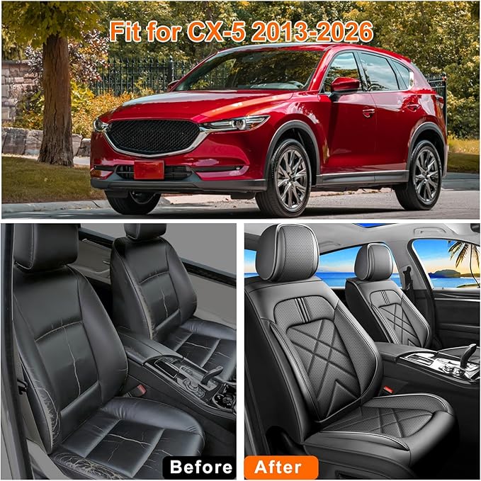 CX-5 Car Seat Covers Custom Fit for Mazda CX-5 2013-2025 2026, Full Coverage Leather Waterproof Breathable Seat Covers, Automotive Seat Protectors, Airbag Compatible(Full Set Seats, Black)