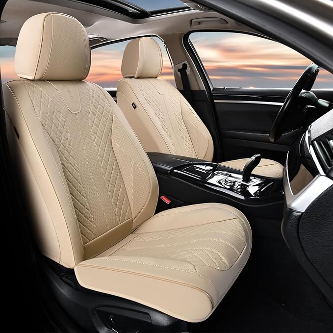 FLORICH Front Seat Covers, Leather Car Seat Covers Luxury Automotive Seat Covers Waterproof Car Seat Protectors Universal Fit for Most Cars SUV Trucks Vehicles, Beige
