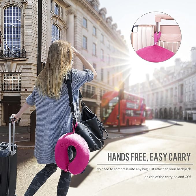 Memory Foam Neck Pillows for Travel - Travel Neck Pillows for Airplanes with Attachable Snap Strap Soft Washable Cover, Flight Neck Pillows Provide Neck Rest for Traveling, Car, Home, Office, Pink