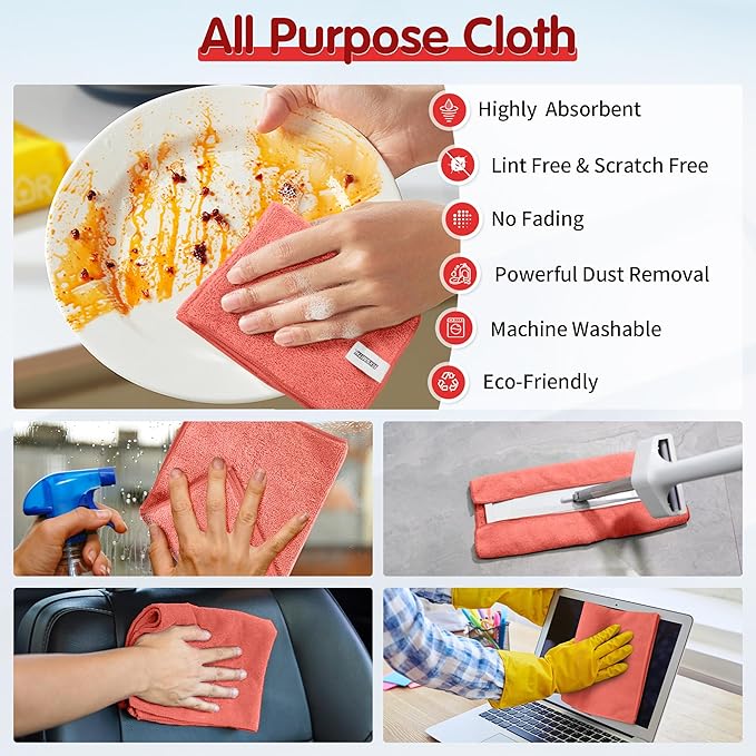 FIXSMITH Red Microfiber Cleaning Cloth -Pack of 8, Highly Absorbent Cleaning Rags, 16"X12" All Purpose Cleaning Towels for Housekeeping, Kitchen, Car, Lint Free and Reusable Microfiber Towels
