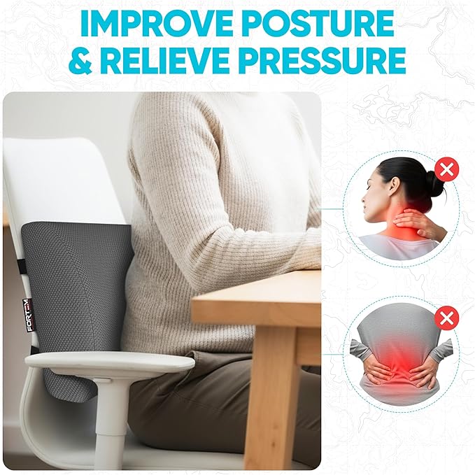 FORTEM Lumbar Support Pillow for Office Chair, Lumbar Support Pillow for Car, Back Rest for Gaming, Memory Foam Pillow, Desk Chair Cushion, Breathable & Washable Cover, Adjustable Straps