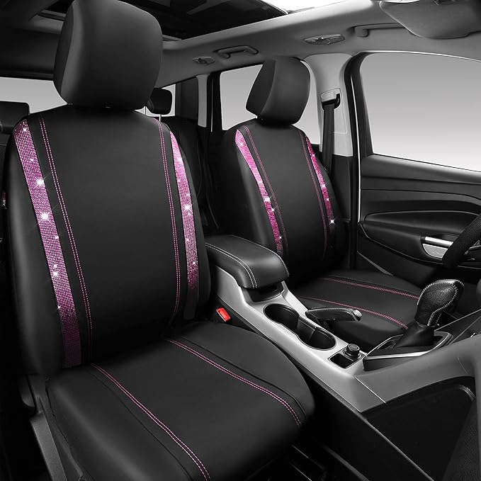 CAR PASS Leather Bling Diamond Car Seat Covers 2 Front Interior Sets, Waterproof Universal Shining Glitter Crystal Sparkle Fit for Automotive Truck SUV Cute Women Girl, Black Pink Rhinestones